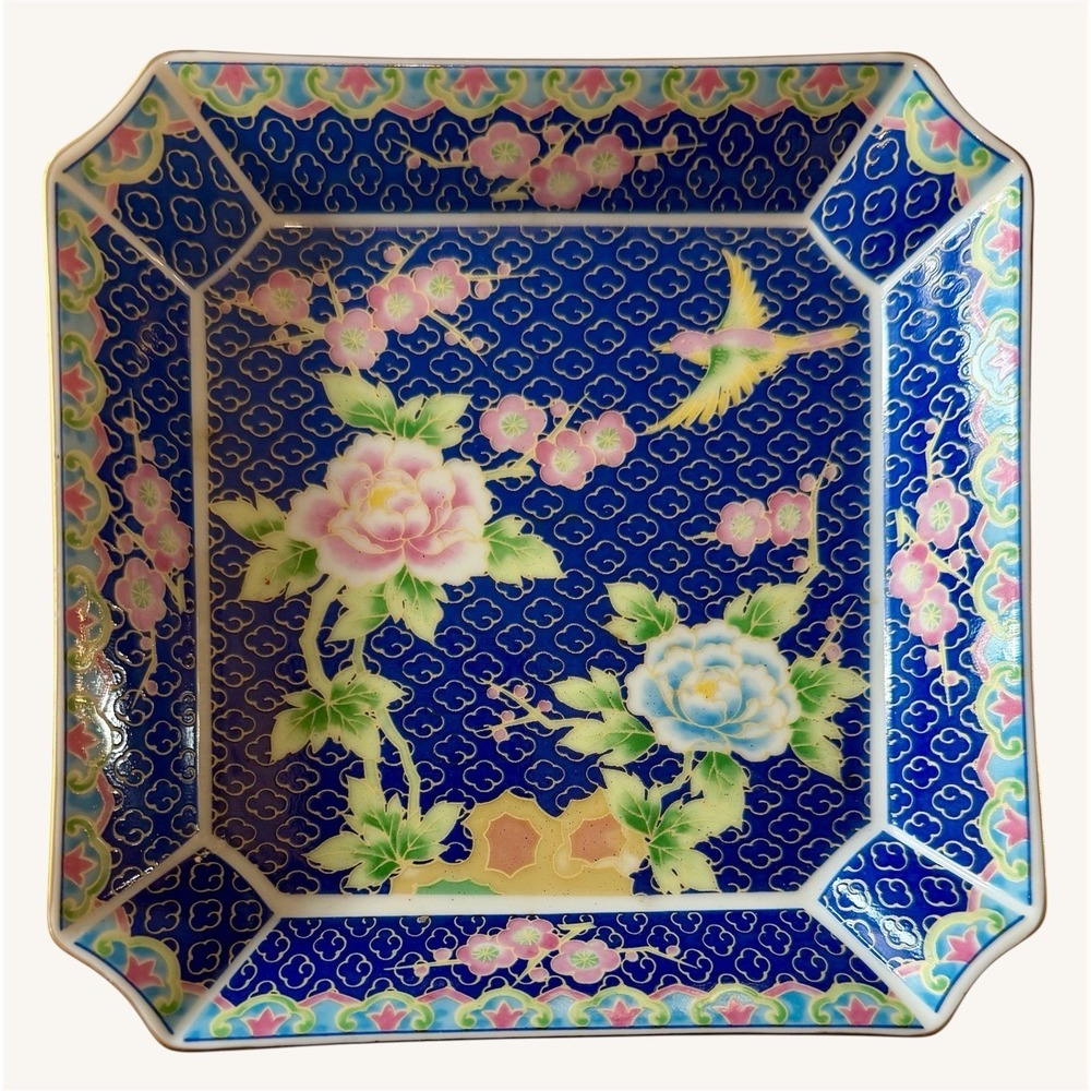 Otagiri Kozan Gama Japanese Vintage Porcelain Square Trinket Dish 6" Blue-Floral